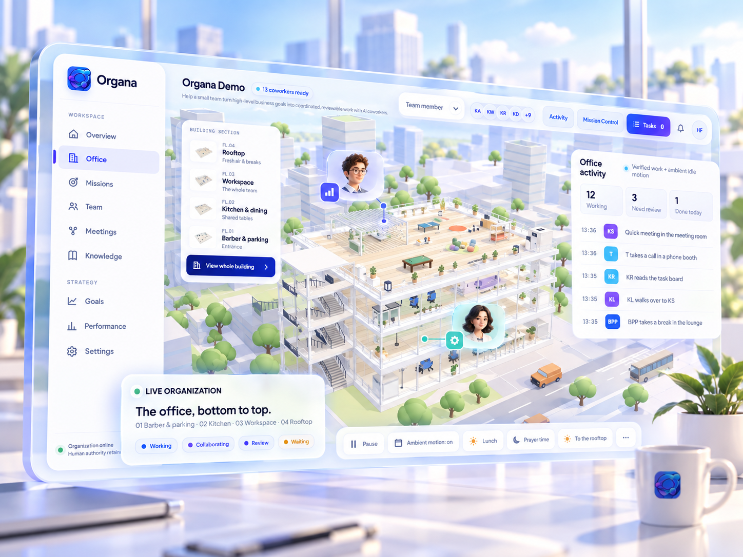 Organa application interface displaying a 3D office digital twin and live organization activity.