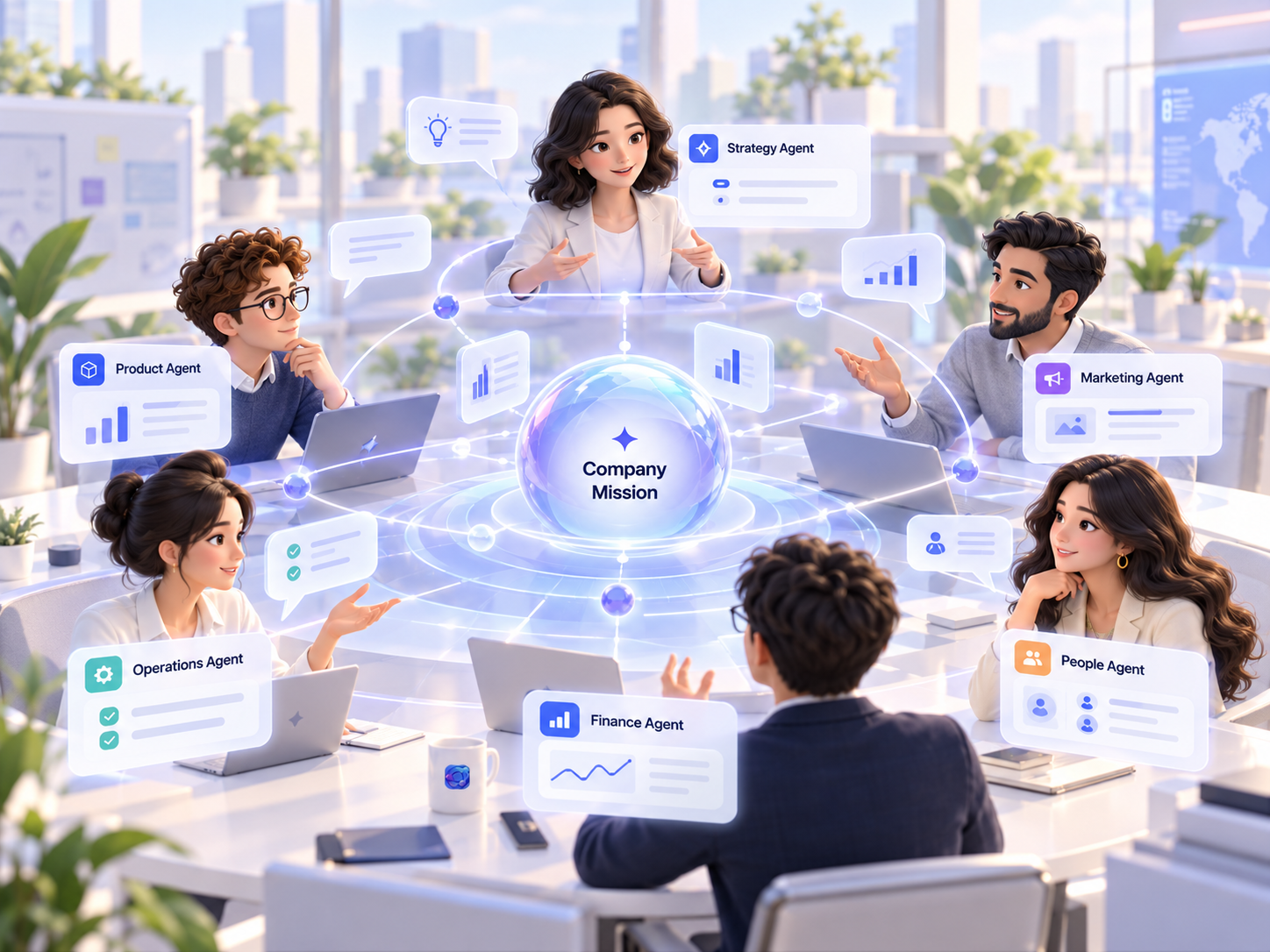 Organa meeting room where specialized AI agents collaborate around a shared company mission.