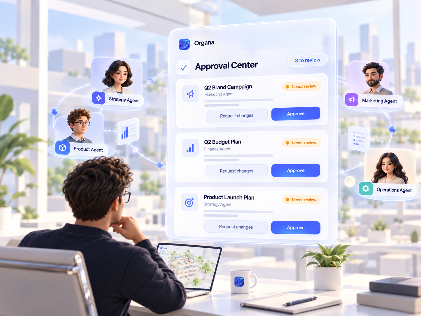 Organa Approval Center where the human reviews and approves important work.