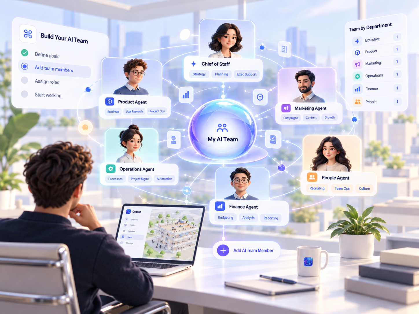 Organa team builder view with specialized AI employees arranged around a shared center.