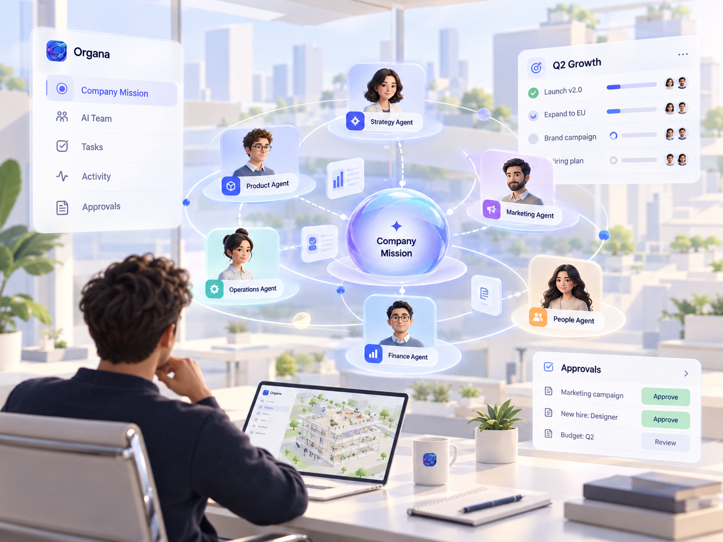 Organa AI Chief of Staff interface showing a company mission with coordinated AI agents.