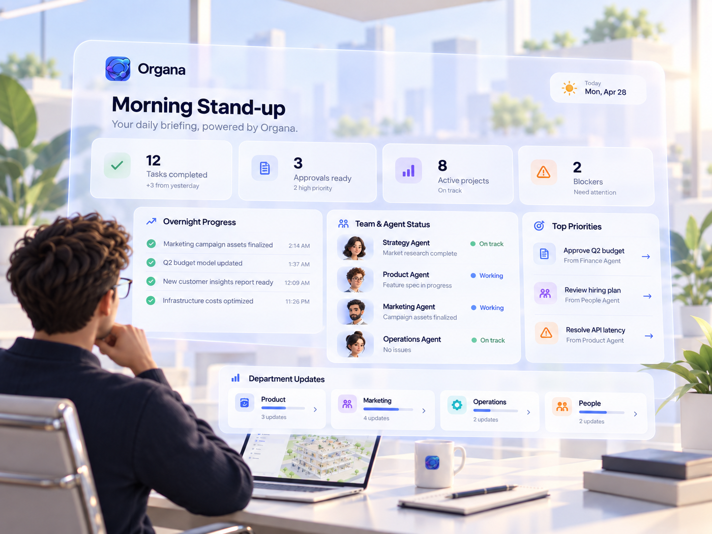 Organa Morning Stand-up screen summarizing progress, priorities, and team status.