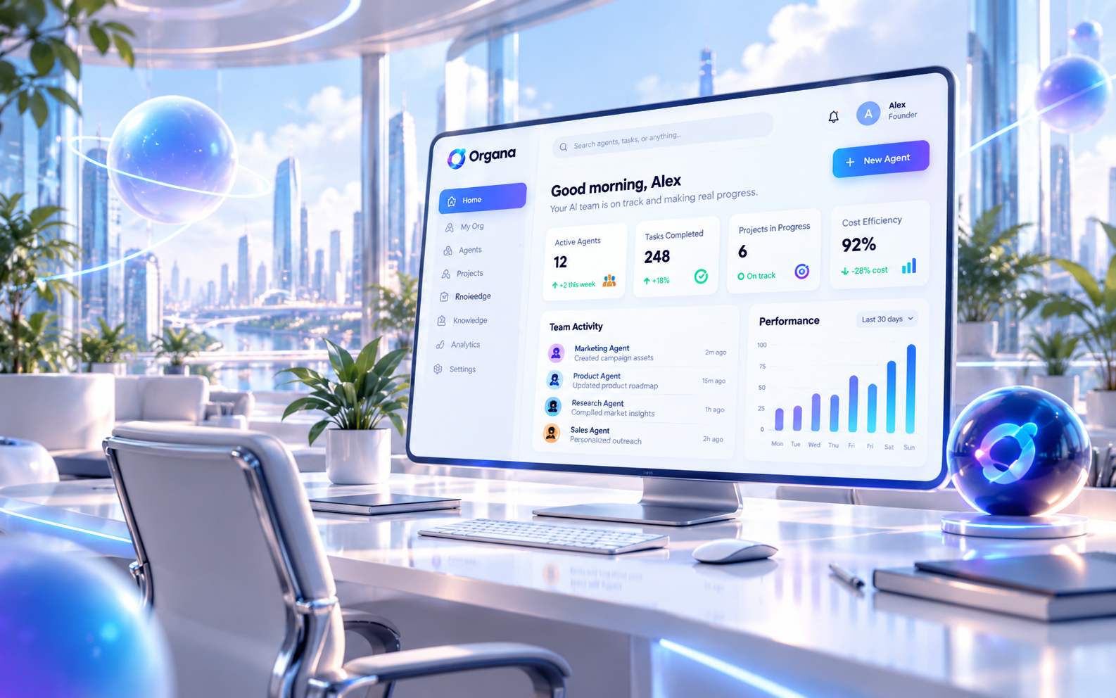Organa dashboard shown on a futuristic office monitor